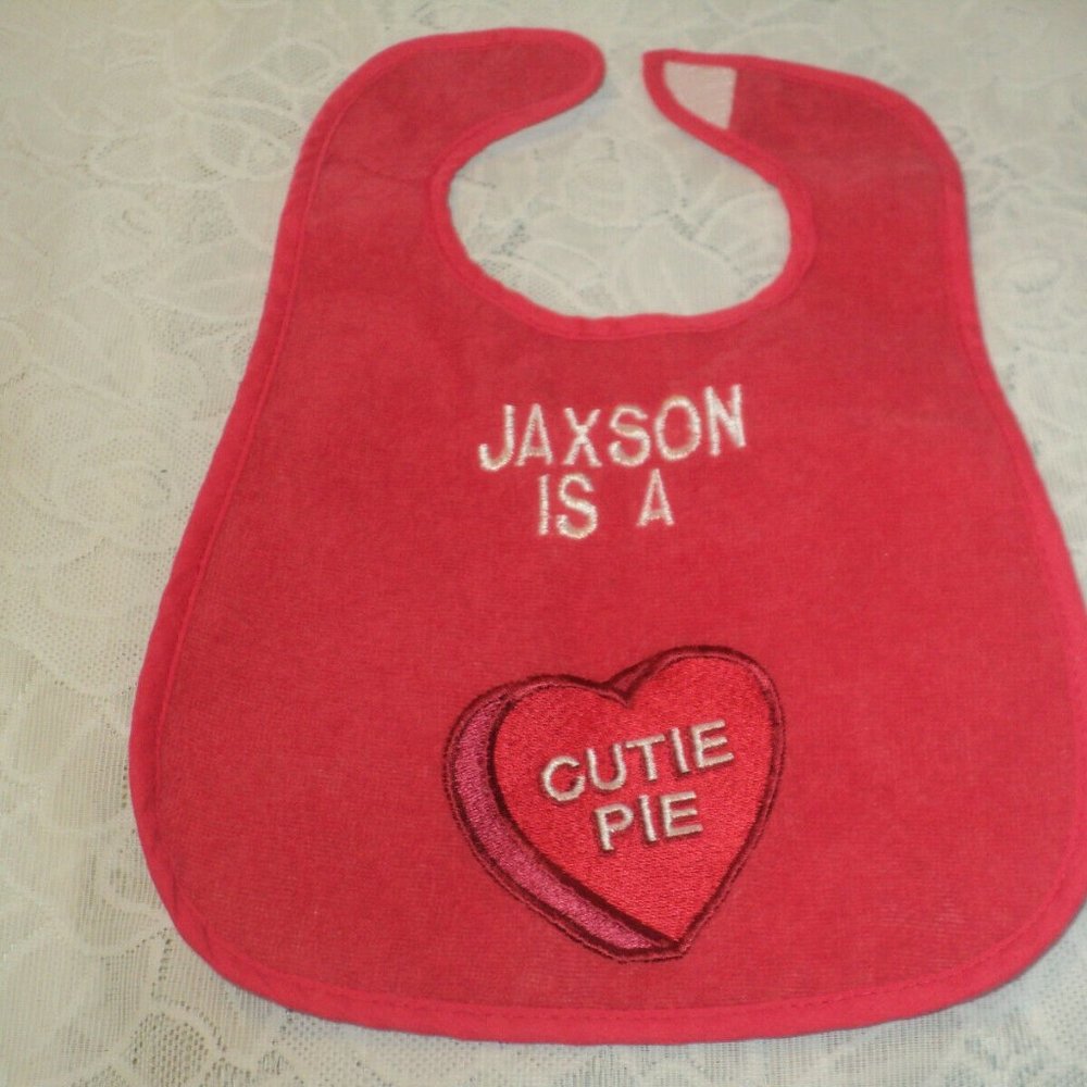 Bib Baby Boy Red Embroidered Jaxson is a Cutie Pie Valentine's Day Heart